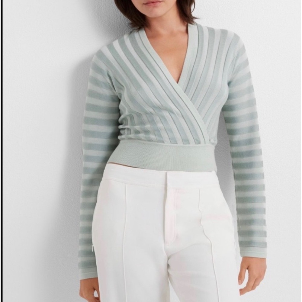 Club Monaco‎ Mint Green Ribbed Wrap Surplice V-Neck Knit Sweater Top Small NEW